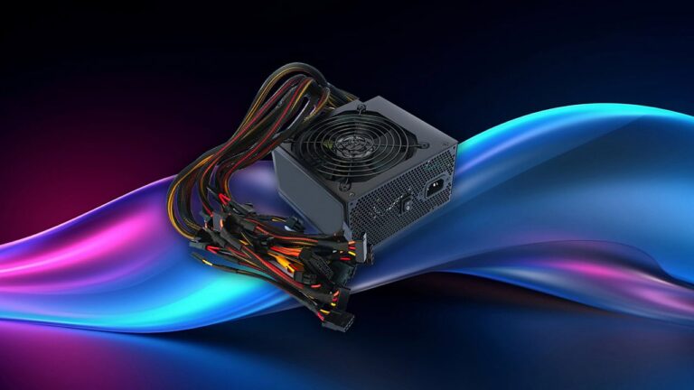 A computer power supply is overlayed on a colorful abstract technology background.